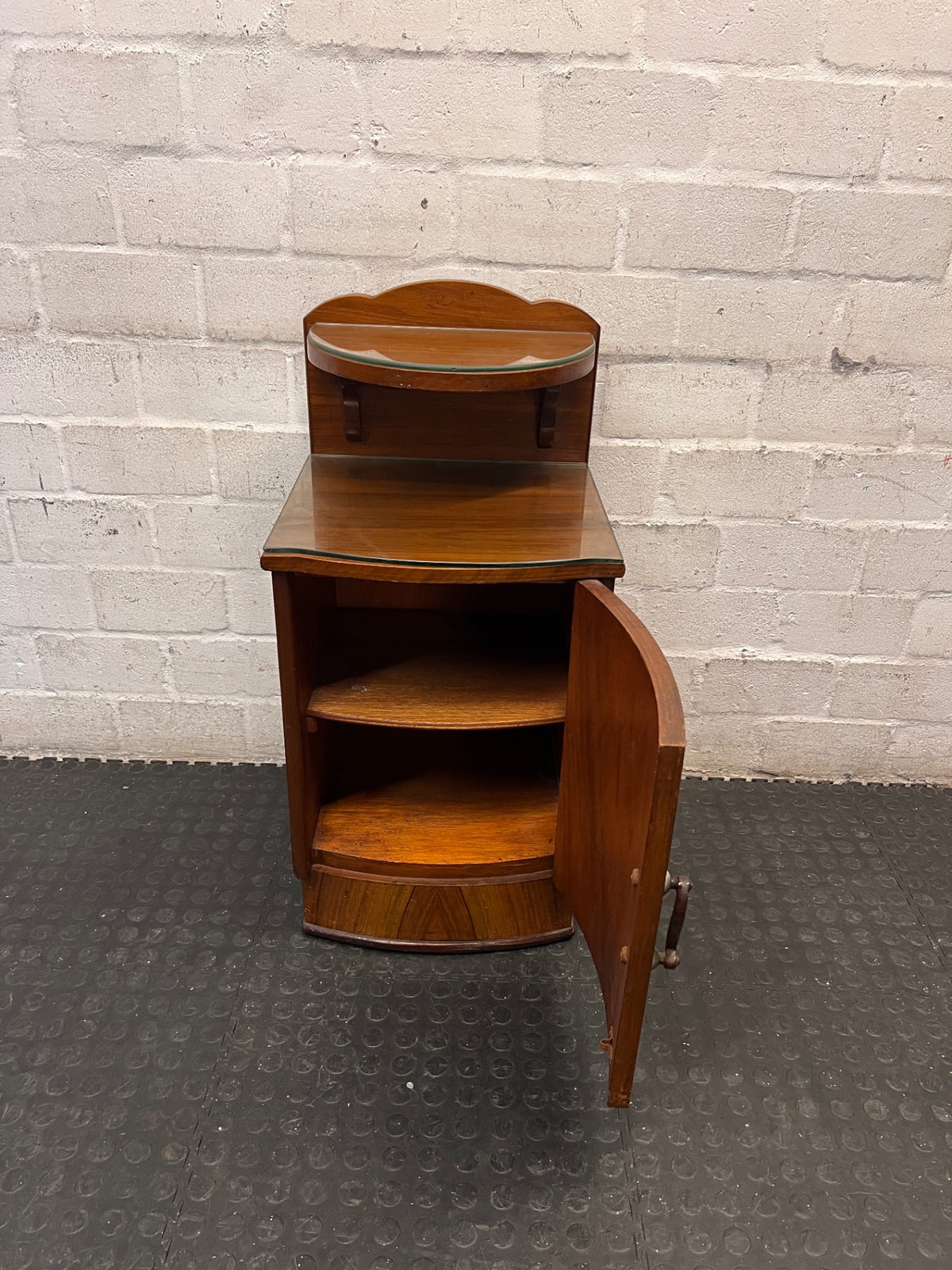 Vintage-Style Wooden Bedside Pedestal with Glass Tops — Fair Used Condition – side view