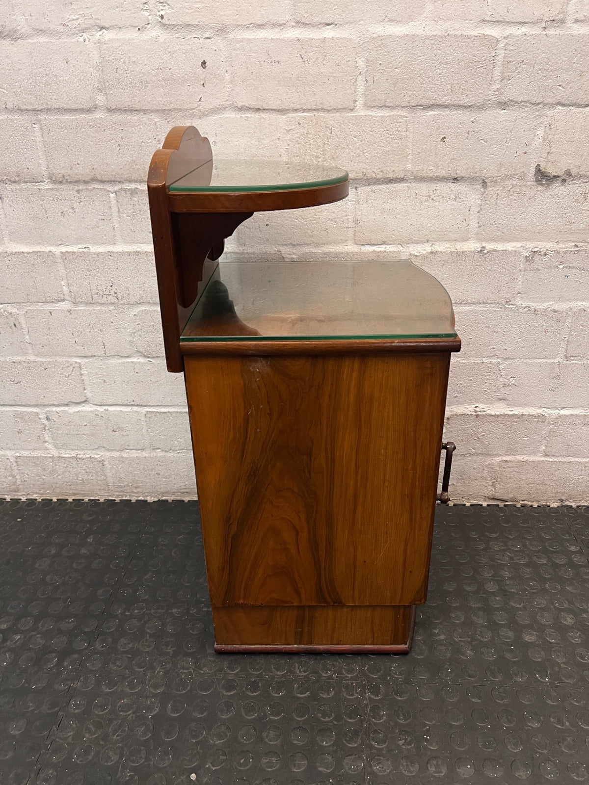Vintage-Style Wooden Bedside Pedestal with Glass Tops — Fair Used Condition – top view