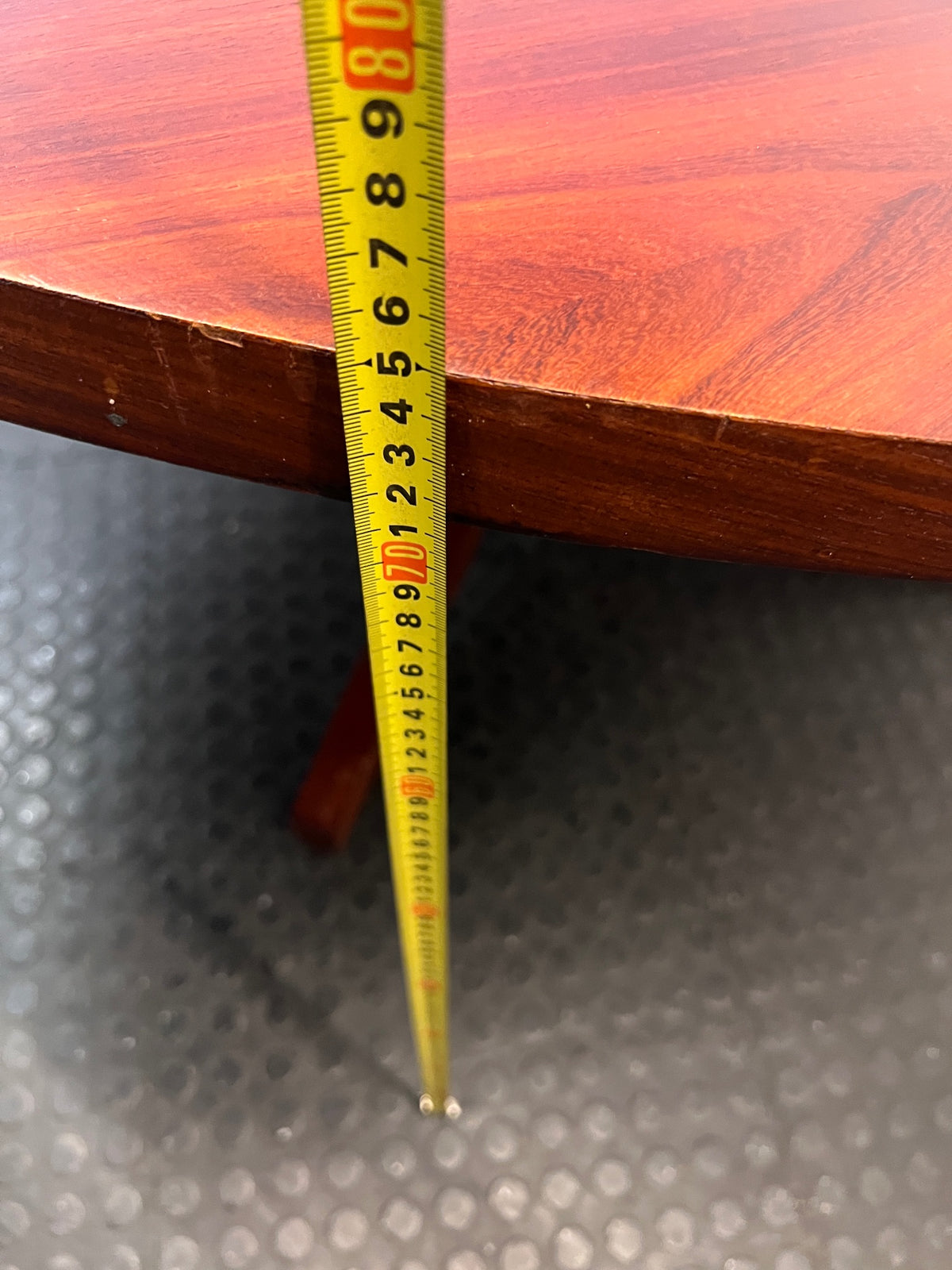 Large Round Wooden Pedestal Dining Table — Small Chip on Table Edge – height measurement