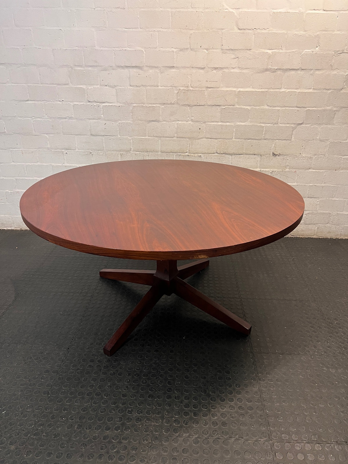 Large Round Wooden Pedestal Dining Table — Small Chip on Table Edge – main front view