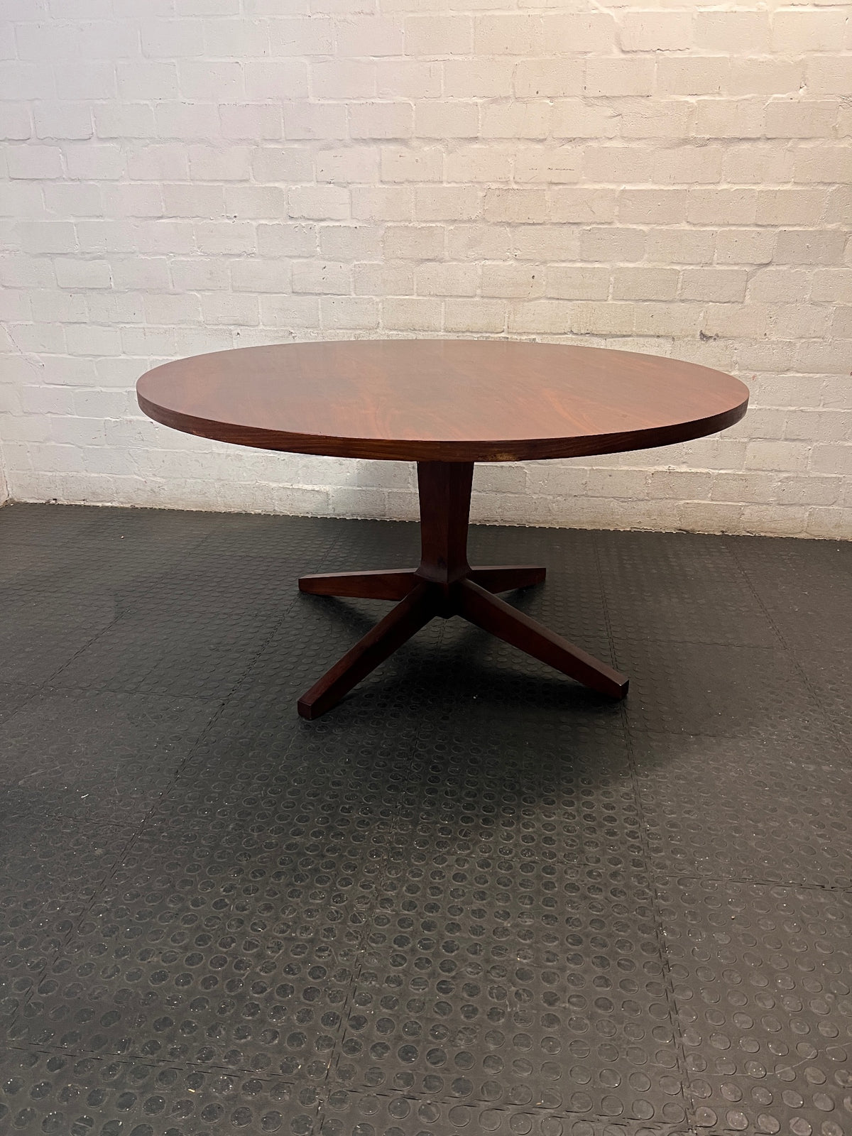 Large Round Wooden Pedestal Dining Table — Small Chip on Table Edge – side view