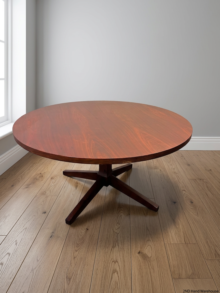 Large Round Wooden Pedestal Dining Table — Small Chip on Table Edge – styled product image