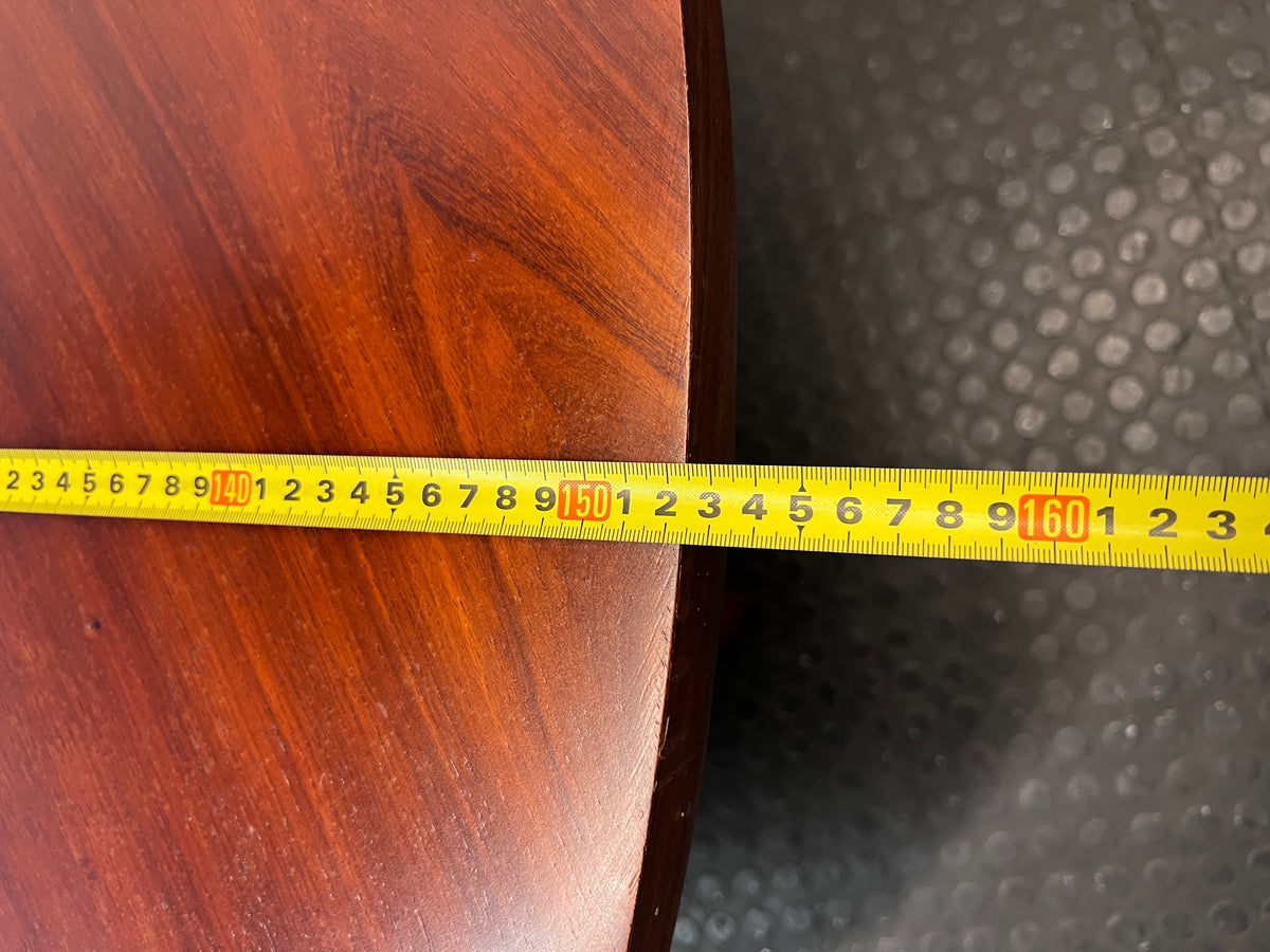 Large Round Wooden Pedestal Dining Table — Small Chip on Table Edge – width measurement