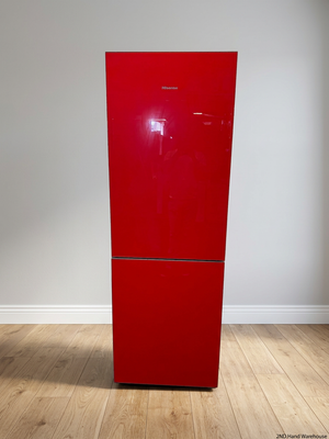 Red Hisense Glass Front Fridge-Freezer — Working Well with Cracked Freezer Drawer – styled product image