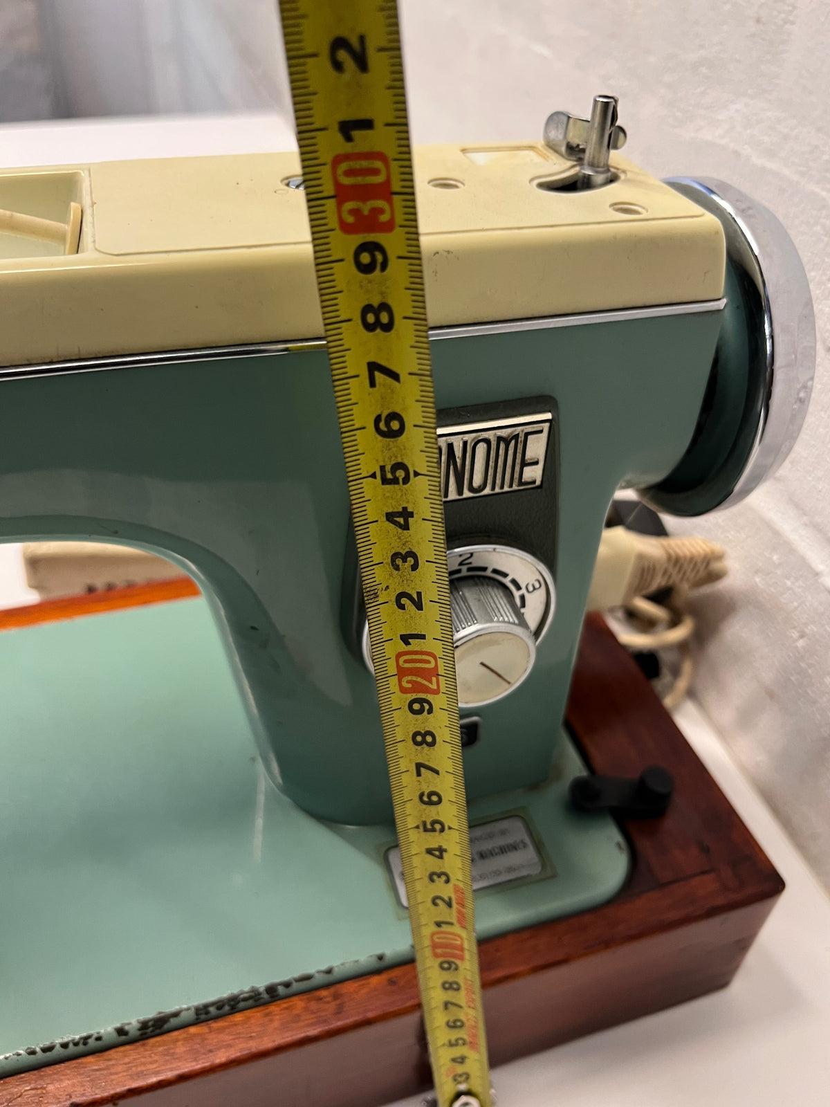 Vintage Janome 366 Sewing Machine with Wood Base — Good Working Order – height measurement