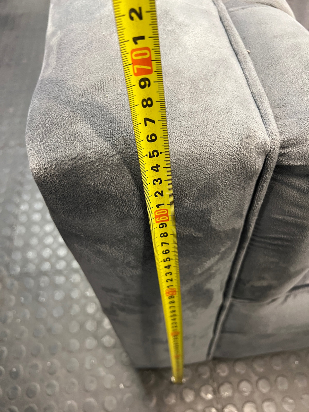 Grey Two Seater Couch with Vertical Stitching — Upholstery Has Wear and Tear – height measurement