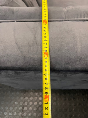 Grey Two Seater Couch with Vertical Stitching — Upholstery Has Wear and Tear – width measurement