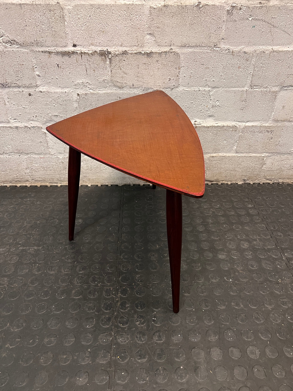 Triangular Wooden Side Table with Tapered Legs — Well Used Condition – back view