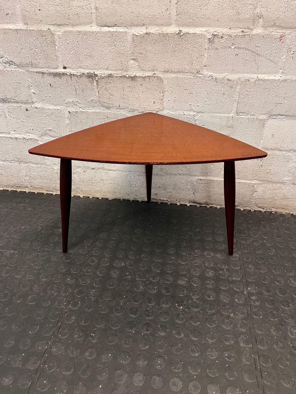 Triangular Wooden Side Table with Tapered Legs — Well Used Condition – main front view