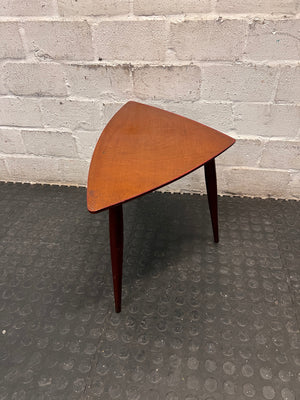 Triangular Wooden Side Table with Tapered Legs — Well Used Condition – side view