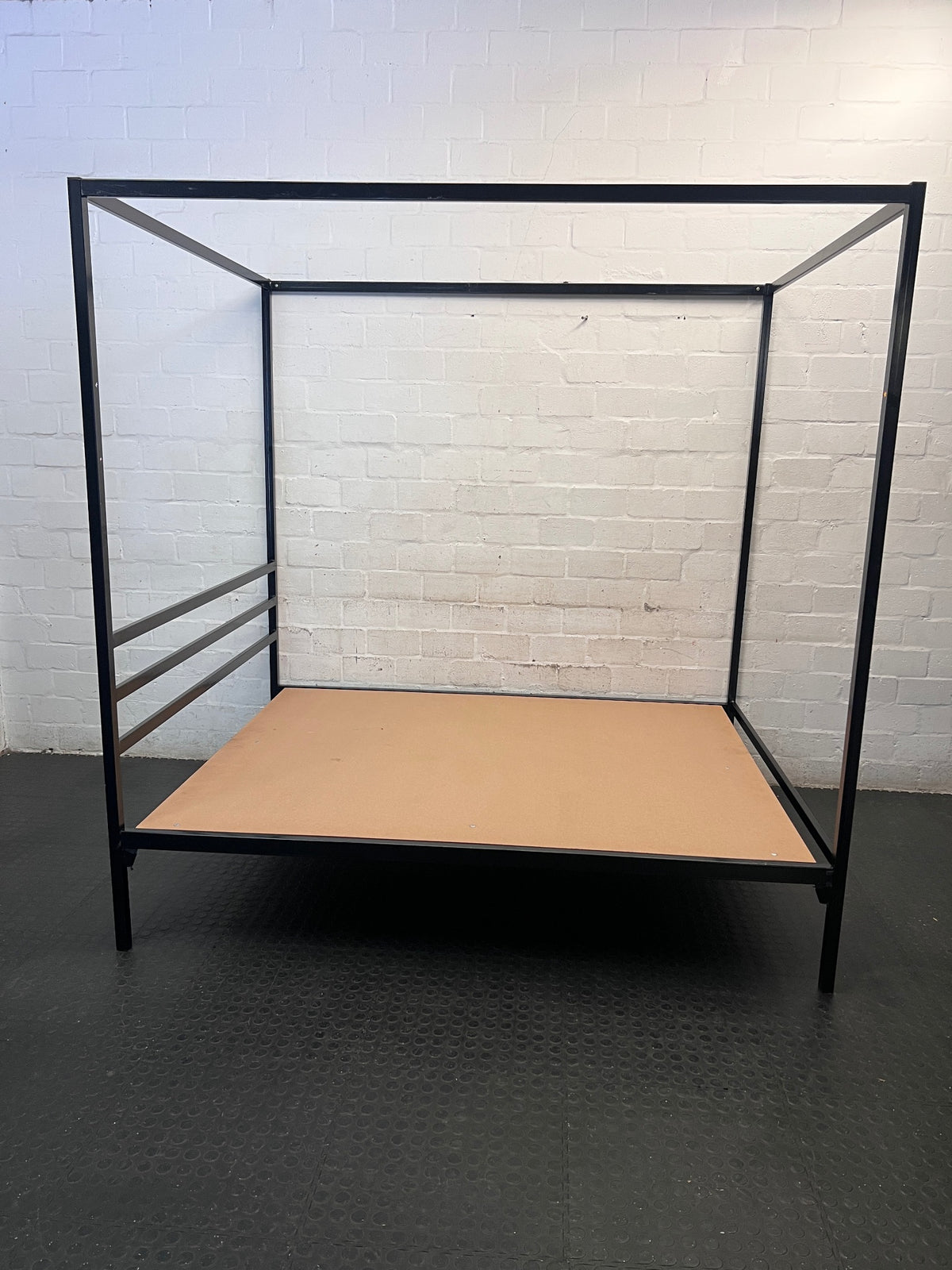 Black Metal Four Poster Queen Bed Frame — Well Used Condition – back view