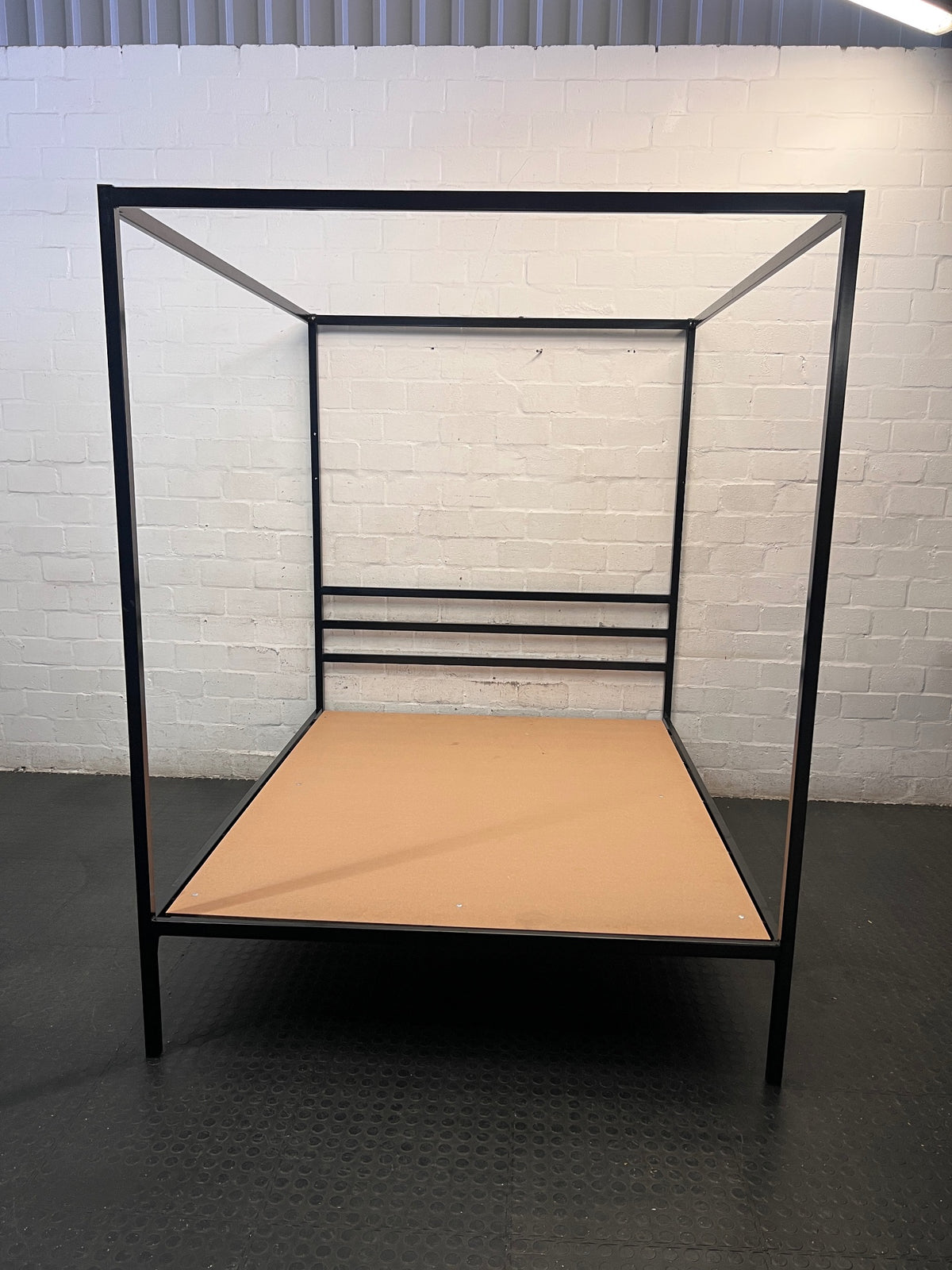 Black Metal Four Poster Queen Bed Frame — Well Used Condition – main front view
