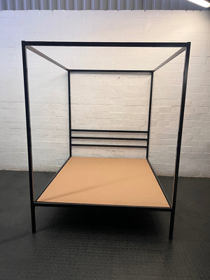 Black Metal Four Poster Queen Bed Frame — Well Used Condition – main front view