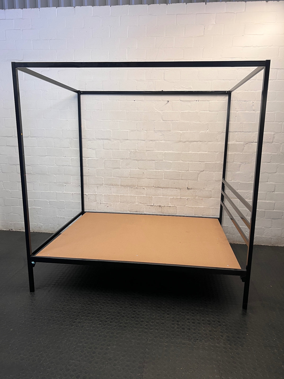 Black Metal Four Poster Queen Bed Frame — Well Used Condition – side view