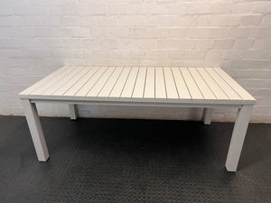 Cream Slatted Metal Outdoor Table — Well Used with General Outdoor Wear – condition detail