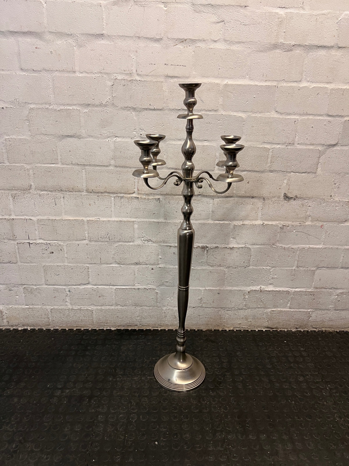 Tall Five-Arm Silver Floor Candelabra — Fair Condition with Surface Wear – back view