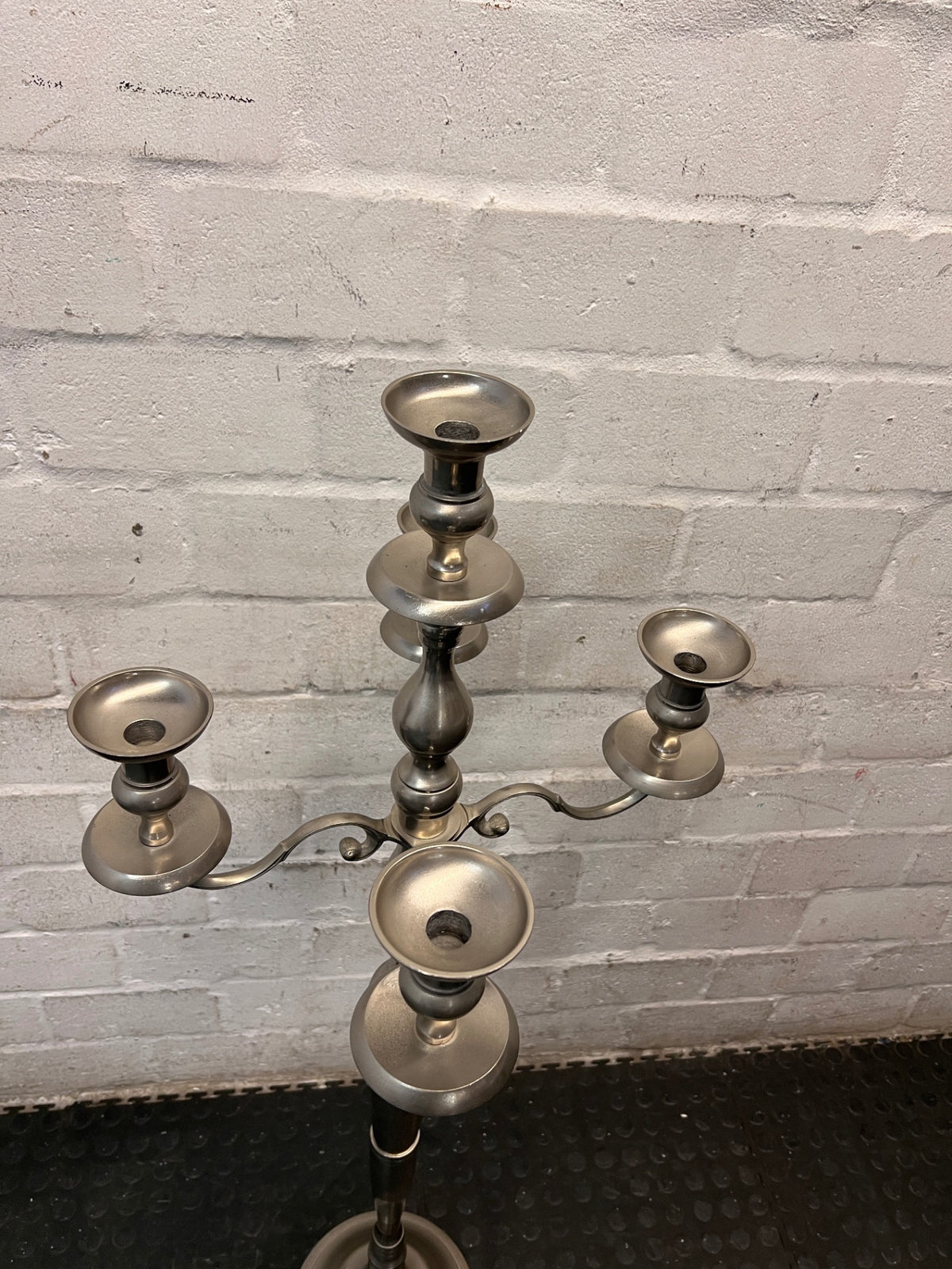 Tall Five-Arm Silver Floor Candelabra — Fair Condition with Surface Wear – condition detail