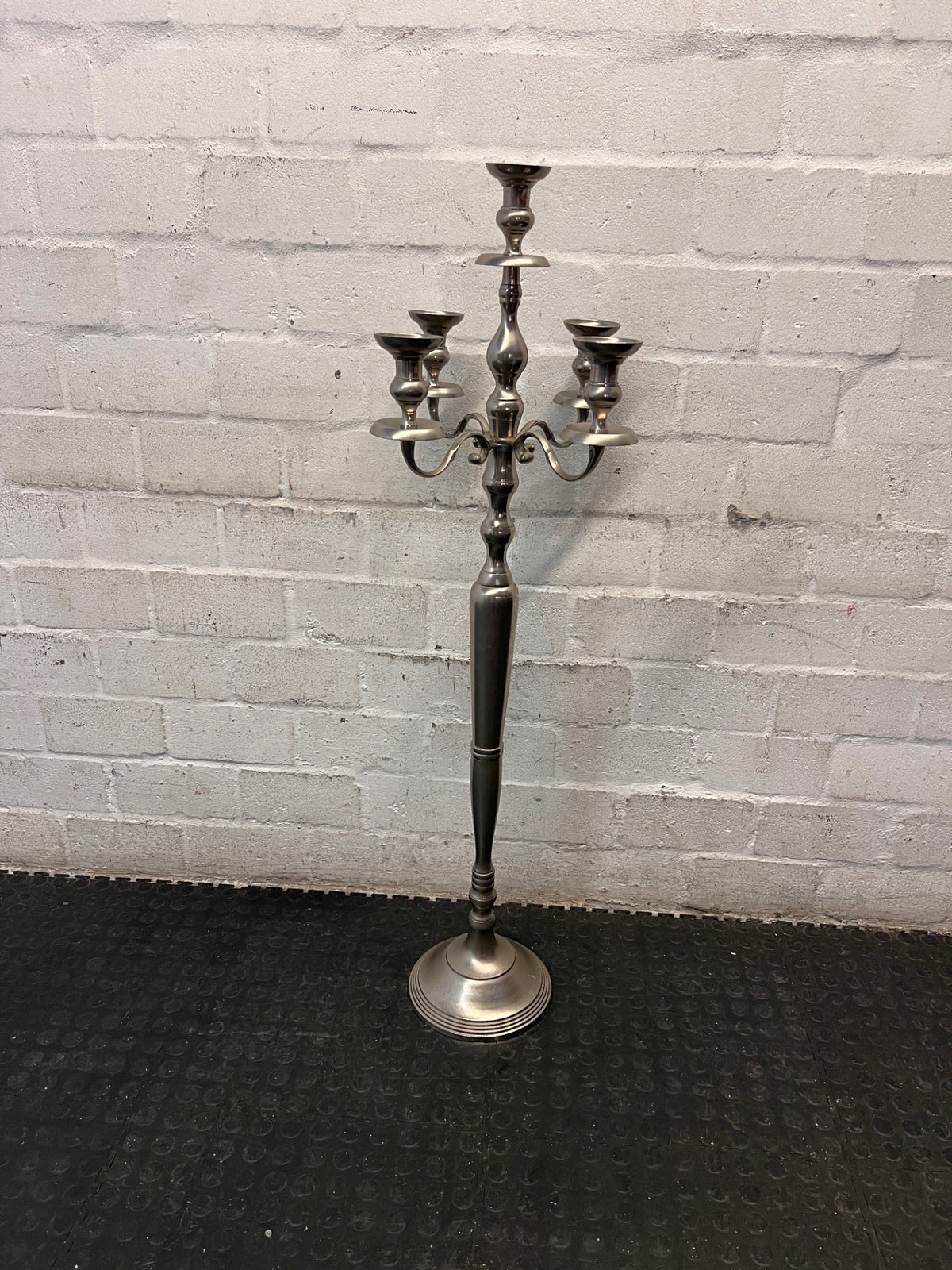 Tall Five-Arm Silver Floor Candelabra — Fair Condition with Surface Wear – main front view