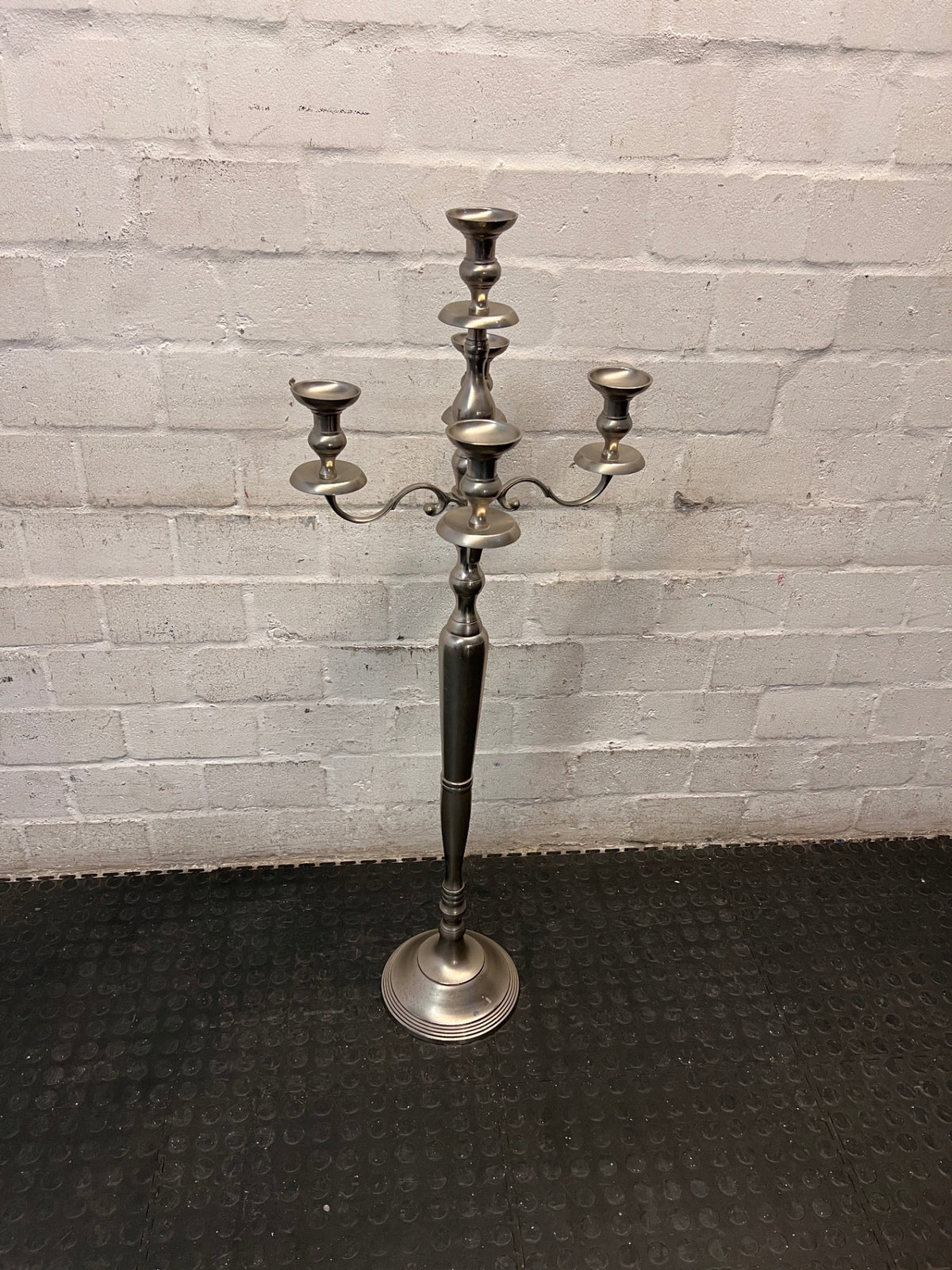 Tall Five-Arm Silver Floor Candelabra — Fair Condition with Surface Wear – side view