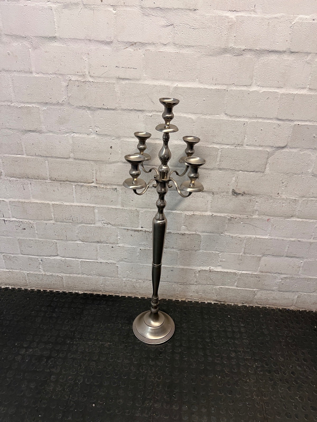 Tall Five-Arm Silver Floor Candelabra — Fair Condition with Surface Wear – top view
