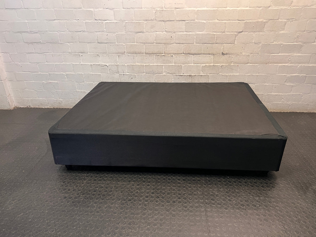Black Fabric Upholstered Double Bed Base — Well Used Bed Base – back view