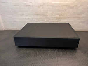 Black Fabric Upholstered Double Bed Base — Well Used Bed Base – back view