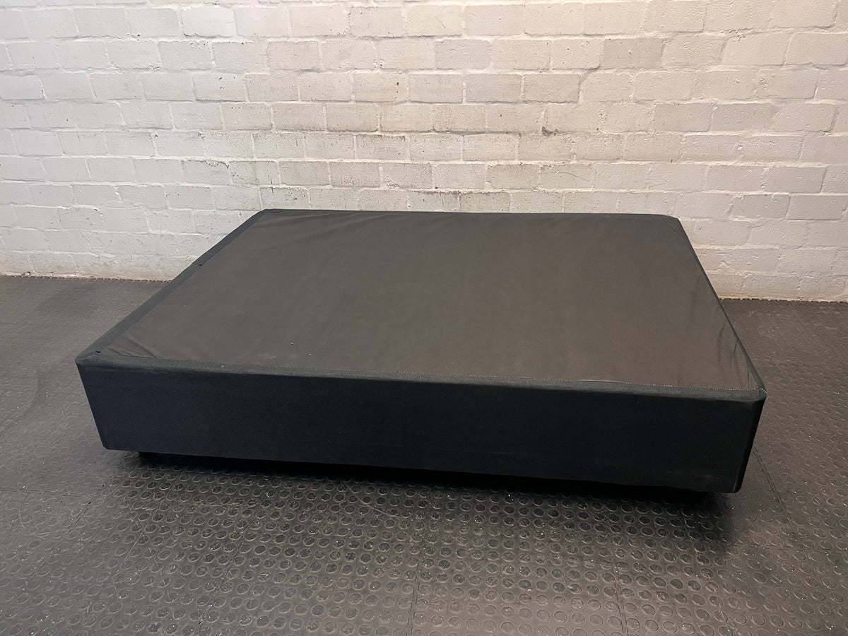 Black Fabric Upholstered Double Bed Base — Well Used Bed Base – side view