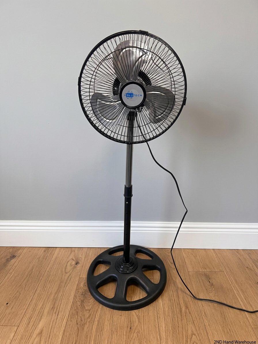 Bluetech Chrome and Black Standing Fan — Good Working Order – styled product image