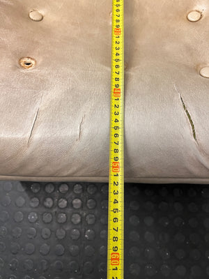 Beige Button-Tufted One Seater Couch with Bolster Arms — Damaged Upholstery and Missing Buttons – depth measurement
