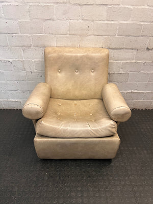 Beige Button-Tufted One Seater Couch with Bolster Arms — Damaged Upholstery and Missing Buttons – main front view