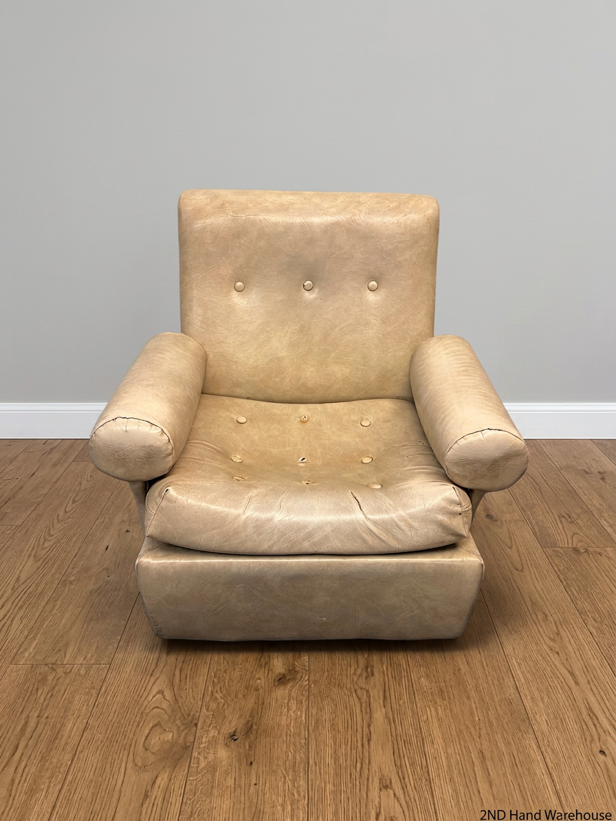 Beige Button-Tufted One Seater Couch with Bolster Arms — Damaged Upholstery and Missing Buttons – styled product image