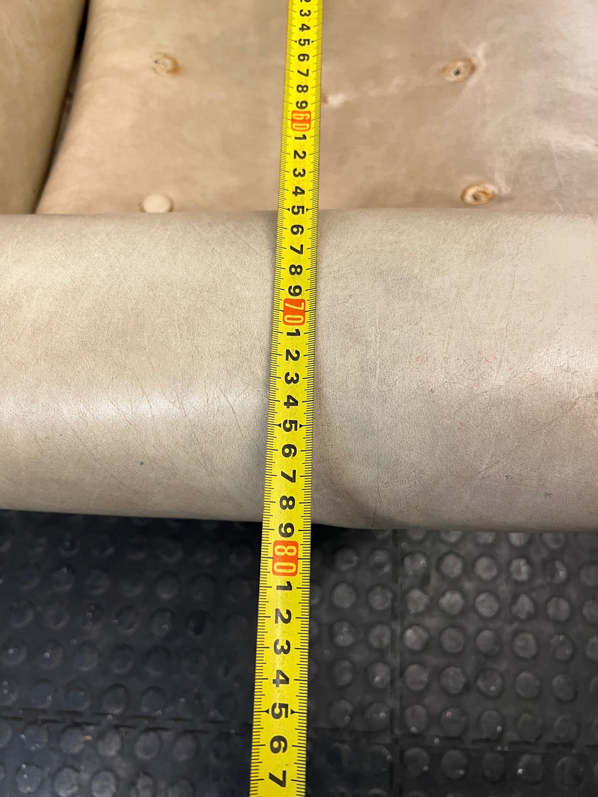 Beige Button-Tufted One Seater Couch with Bolster Arms — Damaged Upholstery and Missing Buttons – width measurement