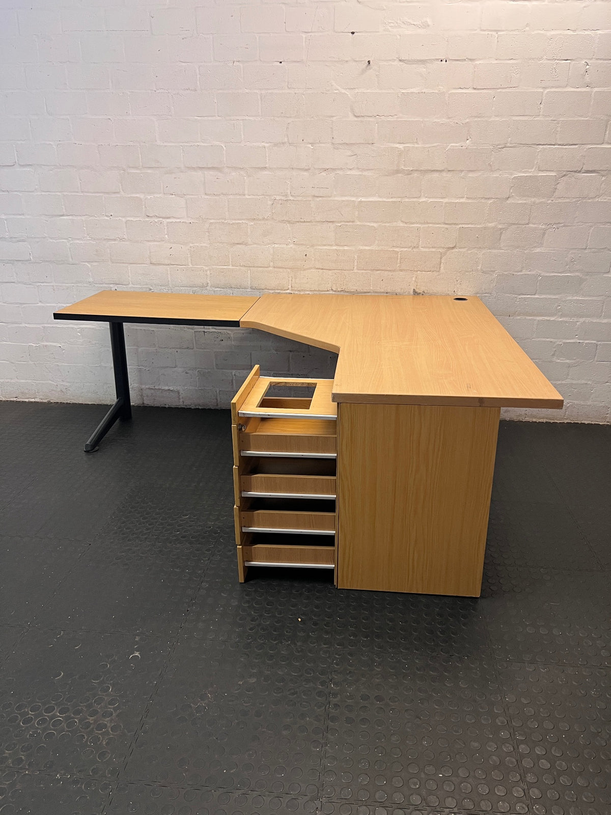 L-Shaped Office Desk in Light Oak Finish – side view