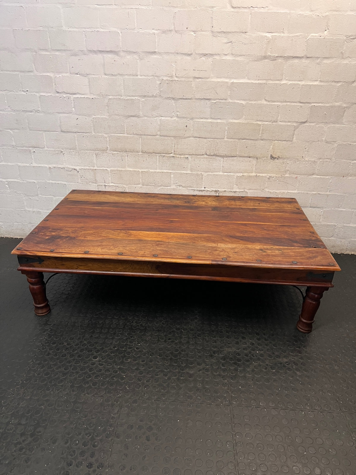 Large Rustic Wooden Coffee Table with Metal Studs — Good Working Order – back view