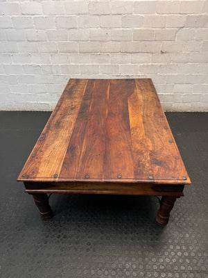 Large Rustic Wooden Coffee Table with Metal Studs — Good Working Order – side view
