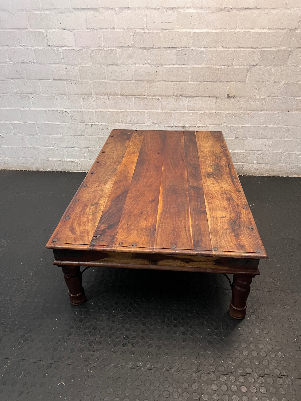 Large Rustic Wooden Coffee Table with Metal Studs — Good Working Order – top view