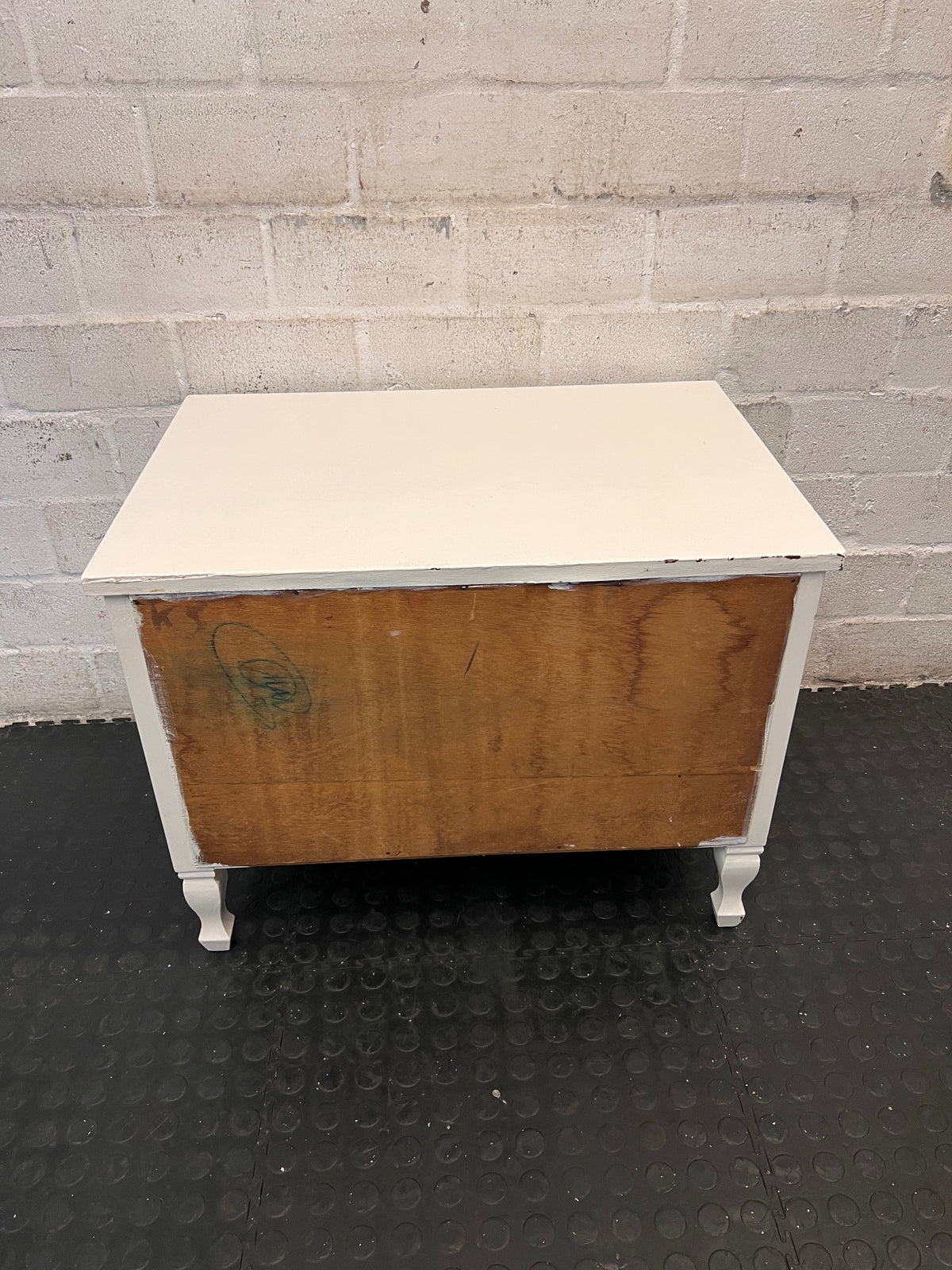 White Side Cabinet with Drawer and Open Shelf — Good Working Order – back view