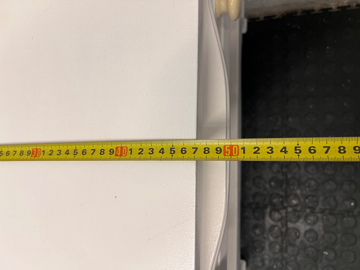 White Side Cabinet with Drawer and Open Shelf — Good Working Order – depth measurement