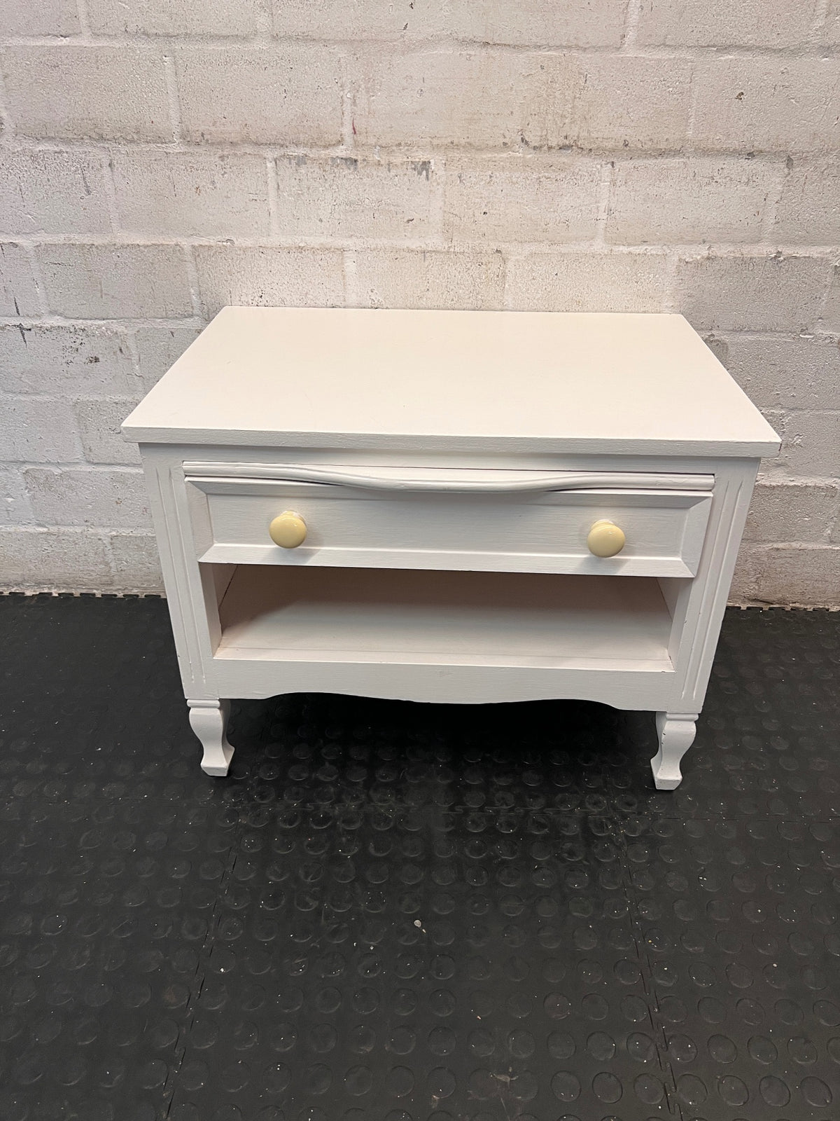 White Side Cabinet with Drawer and Open Shelf — Good Working Order – main front view