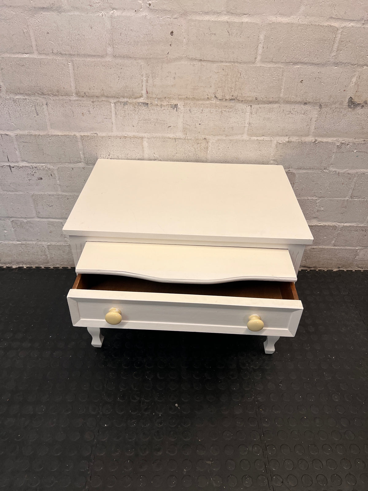 White Side Cabinet with Drawer and Open Shelf — Good Working Order – side view