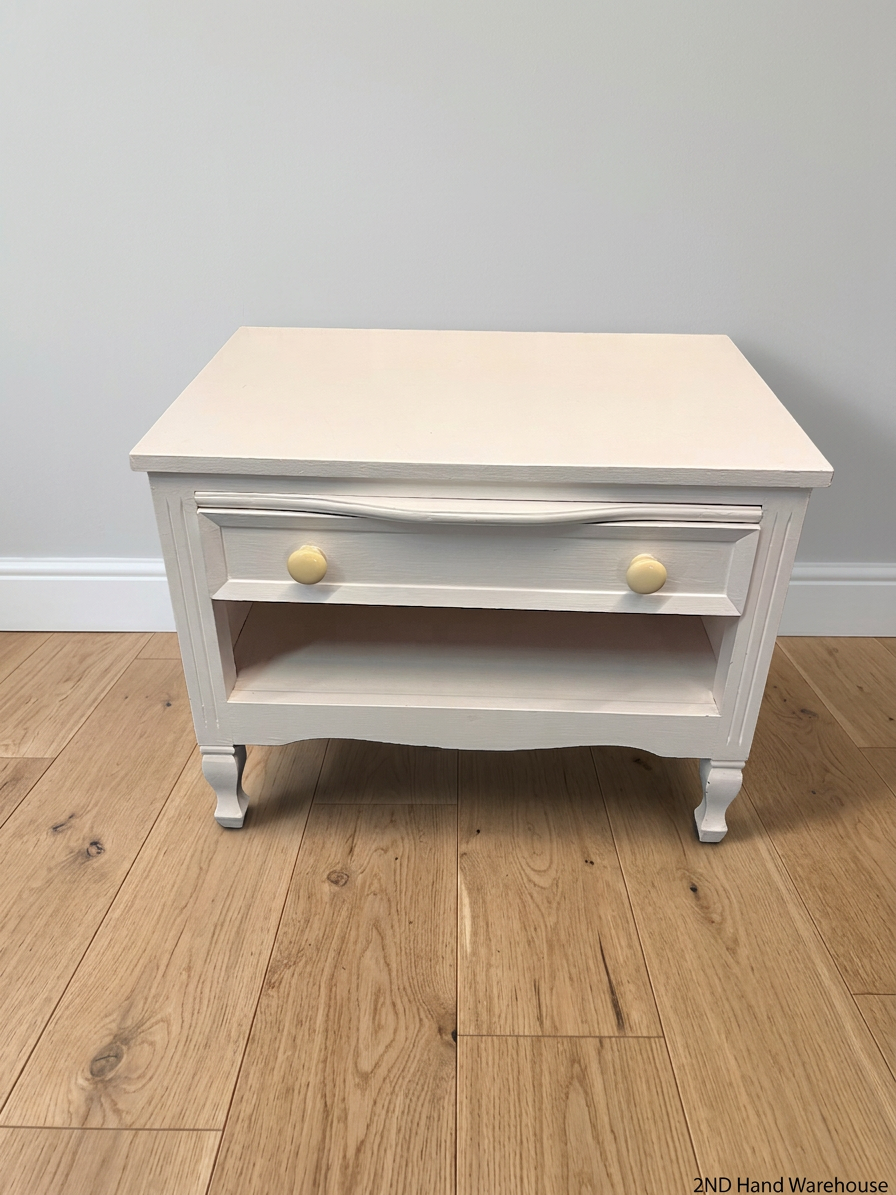 White Side Cabinet with Drawer and Open Shelf — Good Working Order – styled product image