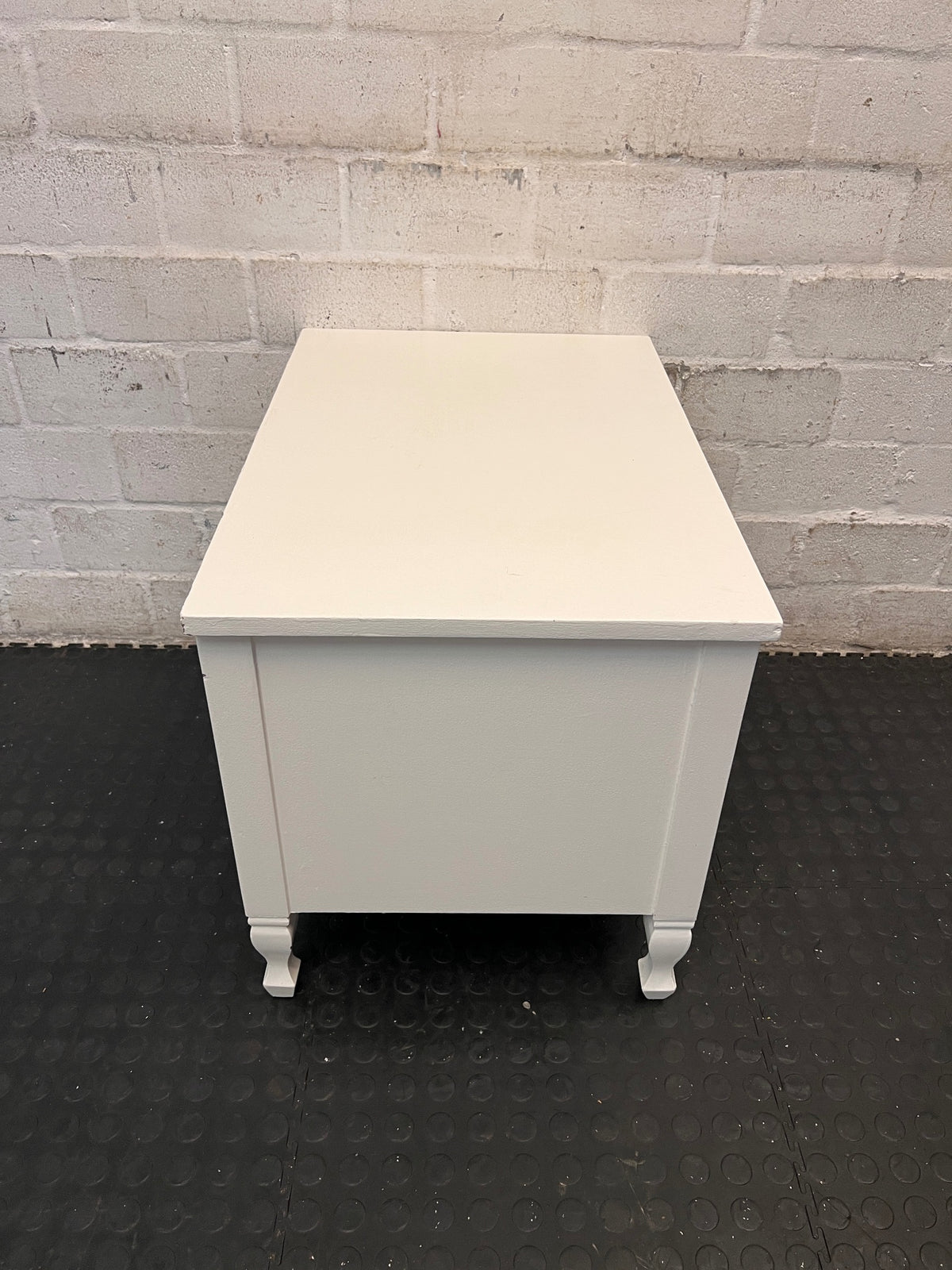 White Side Cabinet with Drawer and Open Shelf — Good Working Order – top view