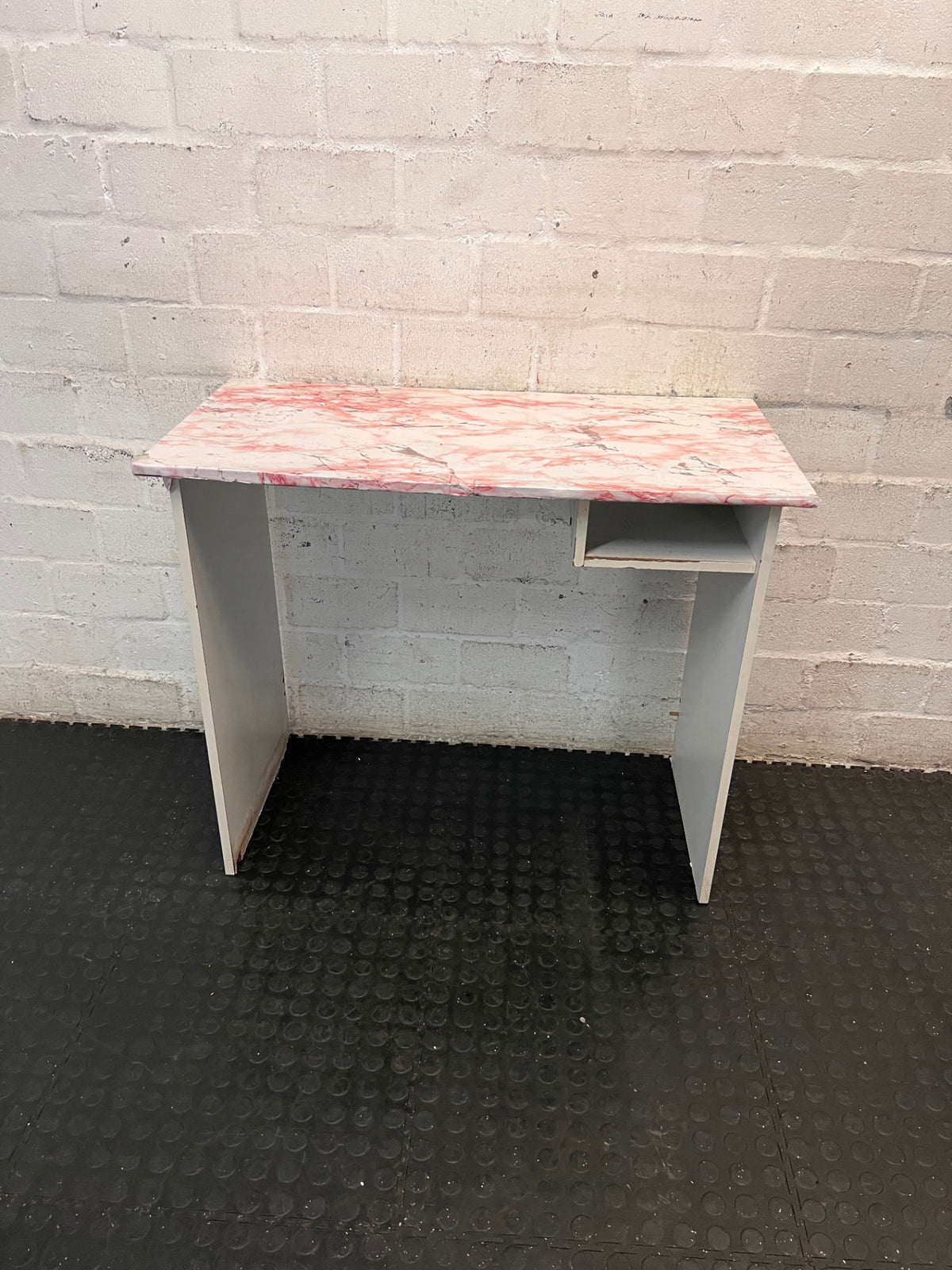 White Office Desk with Marble Pattern Top — Damaged Surface and Fair Condition – main front view