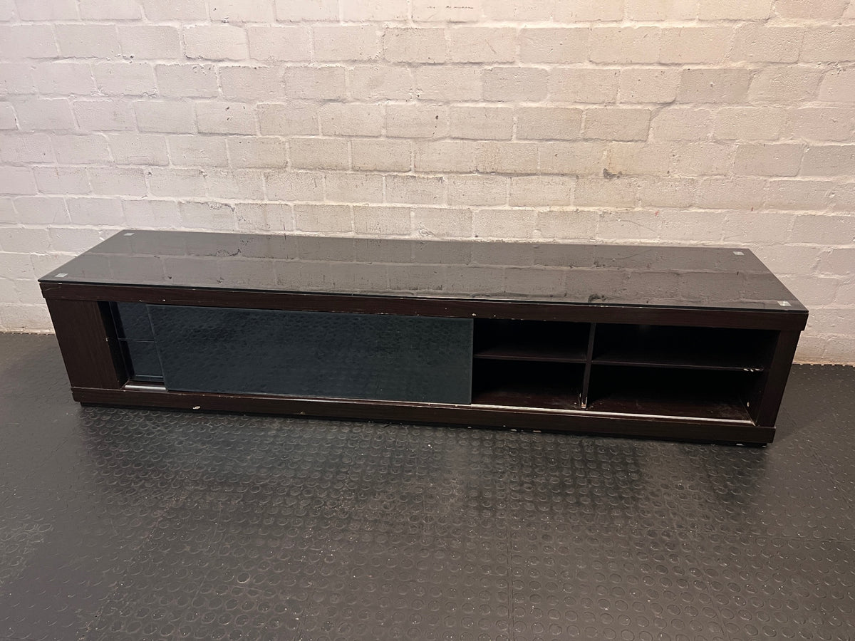 Sleek Black Glass-Top TV Unit with Storage — Good Working Order – back view