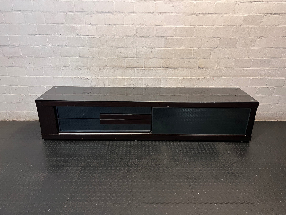 Sleek Black Glass-Top TV Unit with Storage — Good Working Order – main front view