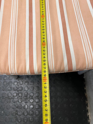 White Wicker Armchair with Striped Cushion — Wicker Coming Undone on Chair Back – depth measurement