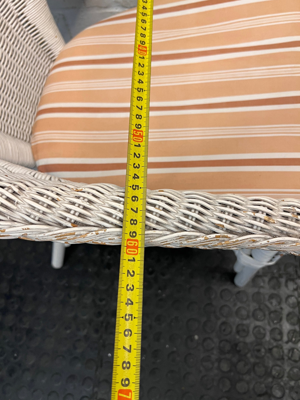 White Wicker Armchair with Striped Cushion — Wicker Coming Undone on Chair Back – width measurement
