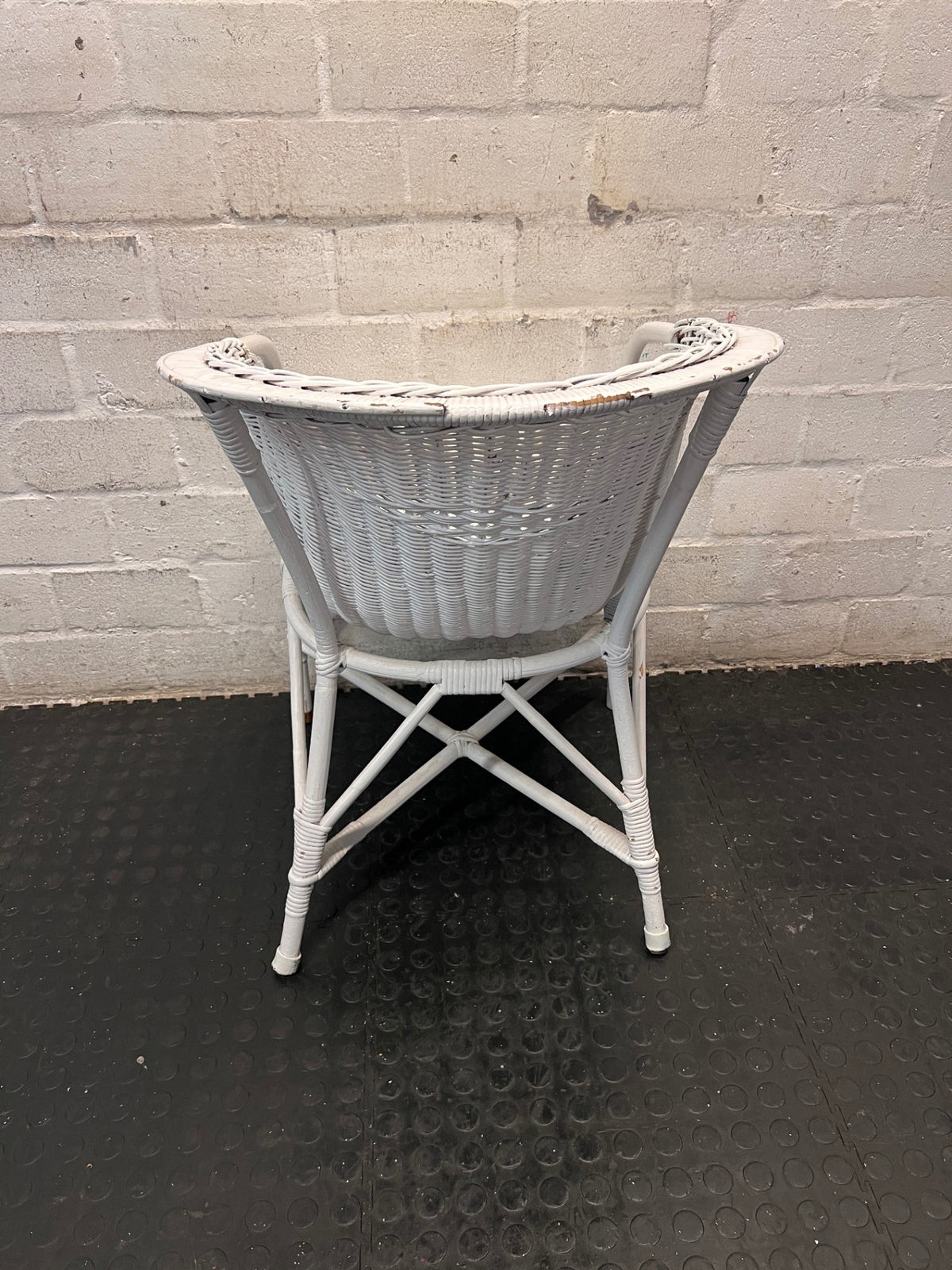White Woven Wicker Armchair — Wicker Back Coming Undone – condition detail