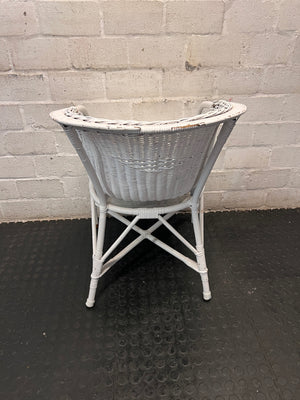 White Woven Wicker Armchair — Wicker Back Coming Undone – condition detail