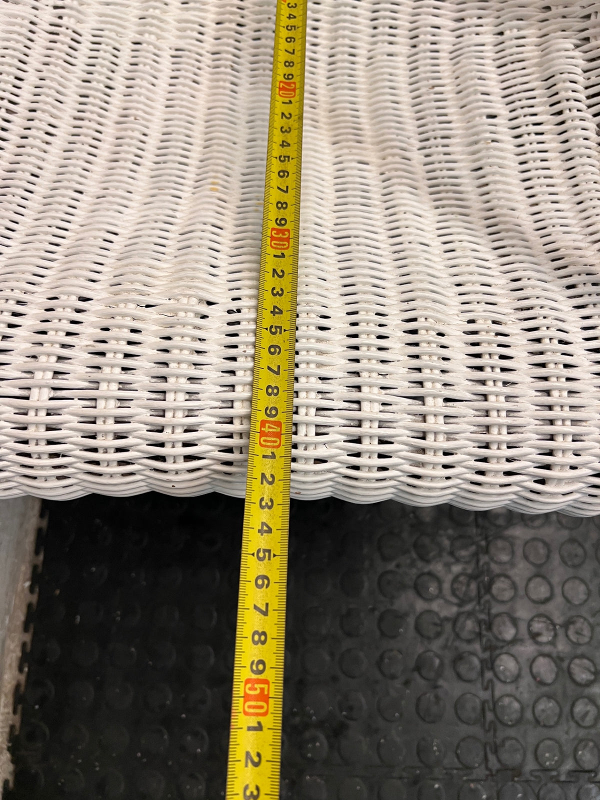 White Woven Wicker Armchair — Wicker Back Coming Undone – depth measurement